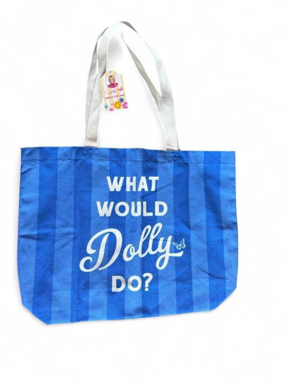 official dolly parton "what would dolly do?" striped canvas tote bag 💙 NWT